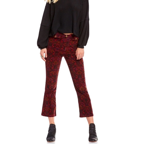 Free People Paisley Cropped Micro Corduroy Pants Wine Red Ribbed Floral Size 10 - Picture 5 of 11